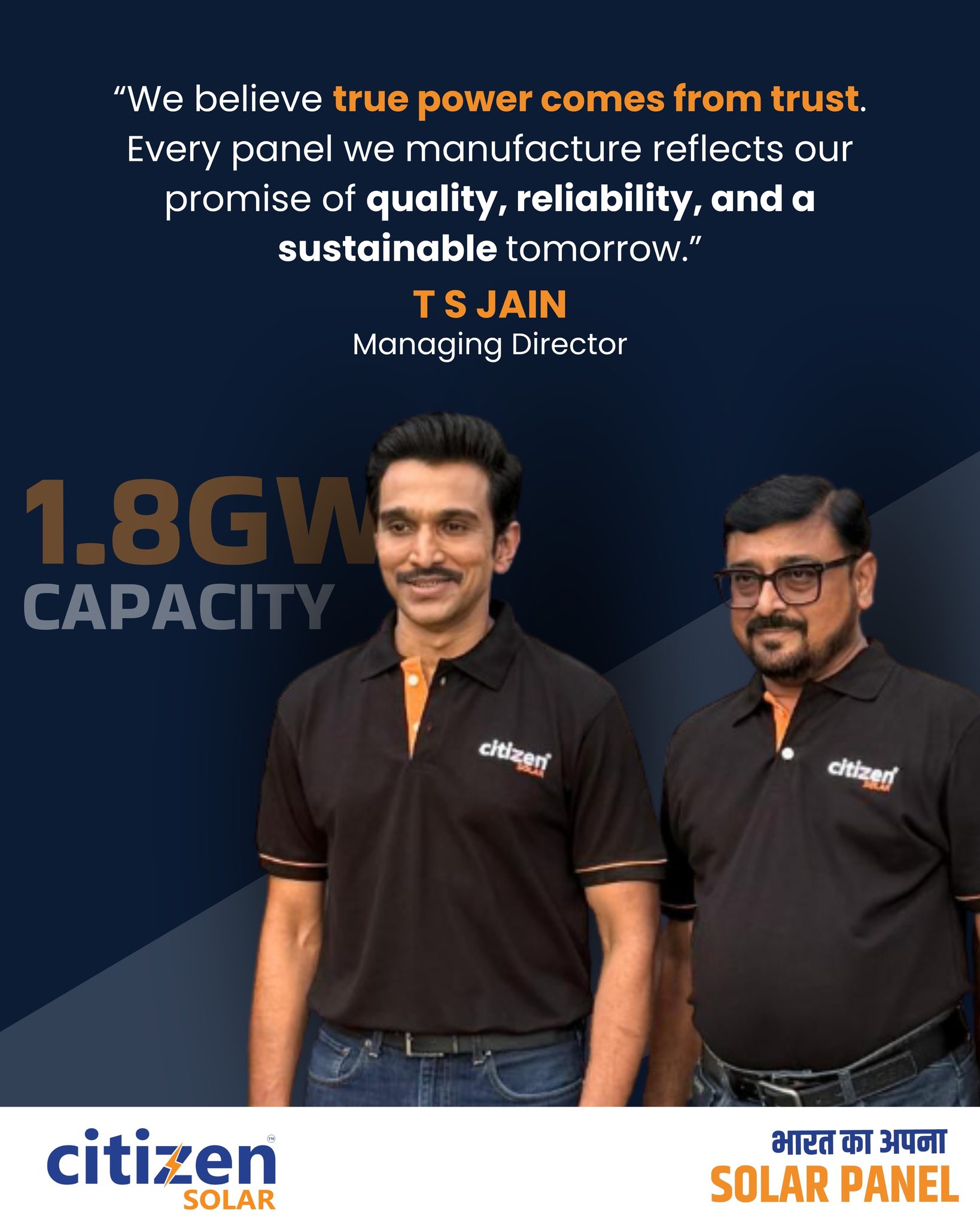 Powering India with trust, innovation, and sustainability ☀️

With a strong 1.8 GW capacity, we’re not just manufacturing solar panels - we’re building a cleaner, brighter future.

Every panel reflects our commitment to quality, reliability, and a sustainable tomorrow.

#CitizenSolar #SolarIndia #RenewableEnergy