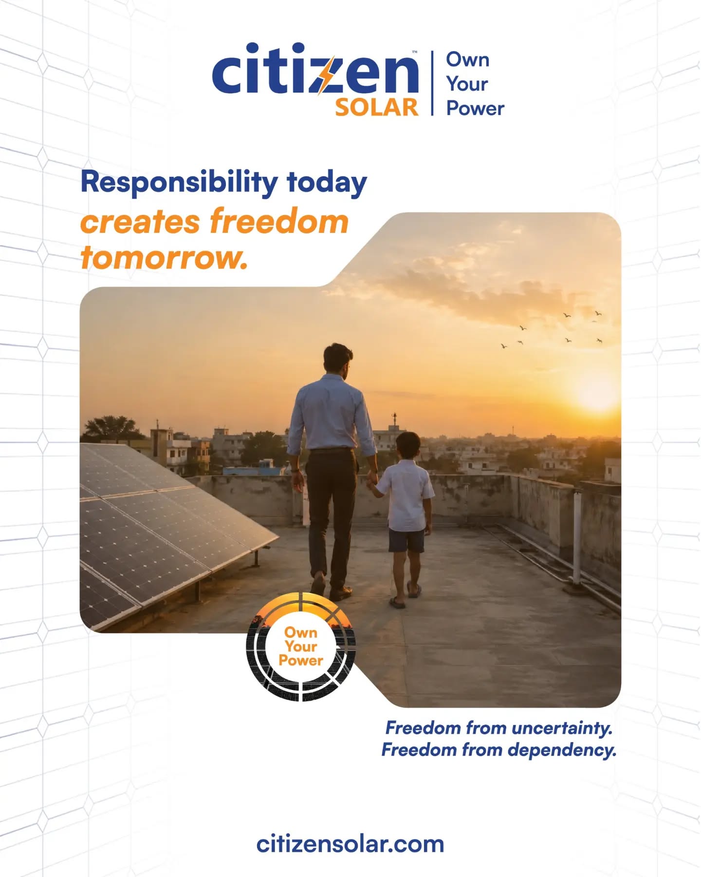 More independence. 
Less uncertainty. 
A cleaner tomorrow. 

Responsibility today creates freedom tomorrow.

Own your power. Own your future.
.
.
.
#CitizenSolar #OwnYourPower #SolarEnergy #EnergyFreedom
