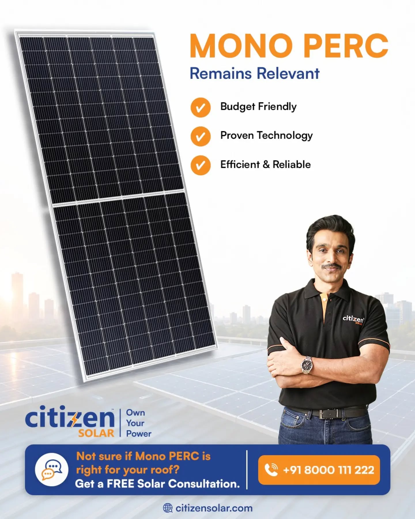 Proven technology. Practical performance. Trusted choice. 

Meet Citizen Solar Mono PERC — a proven solar technology built for dependable performance across a wide range of projects.

⚡ Up to 21.70% efficiency
⚡Up to 560 Wp
⚡Half-Cut Cell Technology

Because choosing solar isn’t about picking the newest technology.
It’s about choosing the right technology for your project.

Planning your solar project?
👉 Book your free solar consultation with Citizen Solar.
Call us on 8000 111 222 or DM us for a free solar consultation
.
.
.
#CitizenSolar #MonoPERC #SolarEnergy #SolarPanels