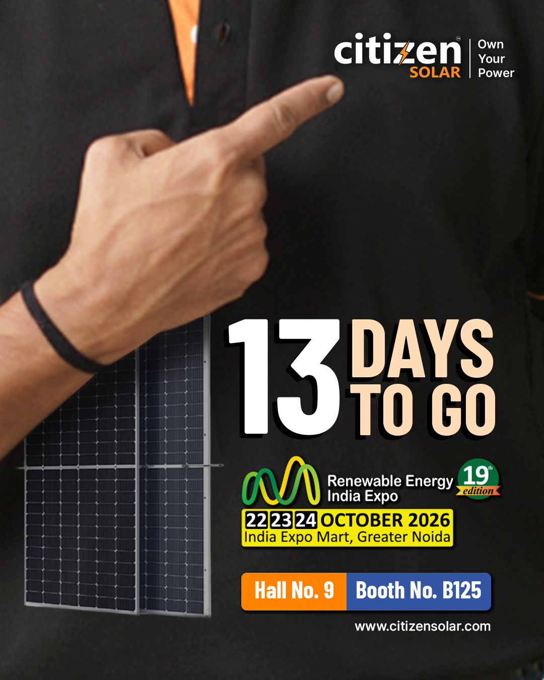 ⏳ 13 DAYS TO GO! ☀️

The countdown to India’s renewable energy revolution has begun! 🌱

Meet Citizen Solar at the 19th Renewable Energy India Expo 2026 and explore the future of solar energy with us.

📅 22–24 October 2026
📍 India Expo Mart, Greater Noida
🏢 Hall No. 9 | Booth No. B125

Let’s connect and power a brighter, greener future together! ⚡

📲 Visit: www.citizensolar.com

#CitizenSolar #REIExpo2026 #RenewableEnergy