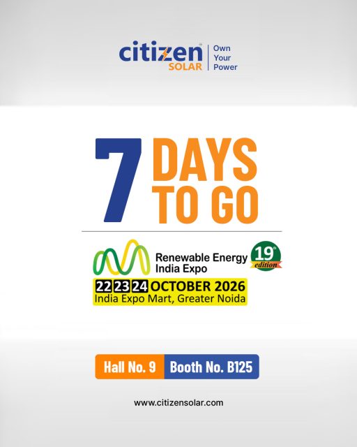 🌞 Meet Citizen Solar at Renewable Energy India Expo 2026! ⚡

We’re excited to connect with industry leaders, partners, and solar energy enthusiasts at the 19th edition of Renewable Energy India Expo.

📅 Dates: 22–24 October 2026
📍 Venue: India Expo Mart, Greater Noida
🏢 Hall No. 9 | Booth No. B125

Visit us to connect with Team Citizen Solar and explore a brighter, more sustainable future powered by solar energy! ☀️

See you at REI Expo 2026!

#CitizenSolar #REIExpo2026 #RenewableEnergyIndiaExpo