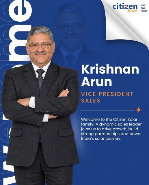 Welcoming New Leadership. Powering a Brighter Future.

We are delighted to welcome Mr. Krishnan Arun as Vice President – Sales at Citizen Solar Limited! 🤝

With his leadership and experience, we look forward to strengthening partnerships, accelerating business growth, expanding our reach and contributing to India’s clean energy journey. ☀️

At Citizen Solar, we believe that strong leadership and meaningful partnerships are the driving forces behind a sustainable future.

Here’s to new milestones, stronger collaborations and powering India’s solar revolution together!

Welcome to the Citizen Solar family, Mr. Krishnan Arun! 🎉

☀️ Own Your Power.

#CitizenSolar #Leadership #NewAppointment #WelcomeToTheTeam #SolarEnergy #RenewableEnergy #CleanEnergy #SolarIndustry #PoweringIndia #OwnYourPower